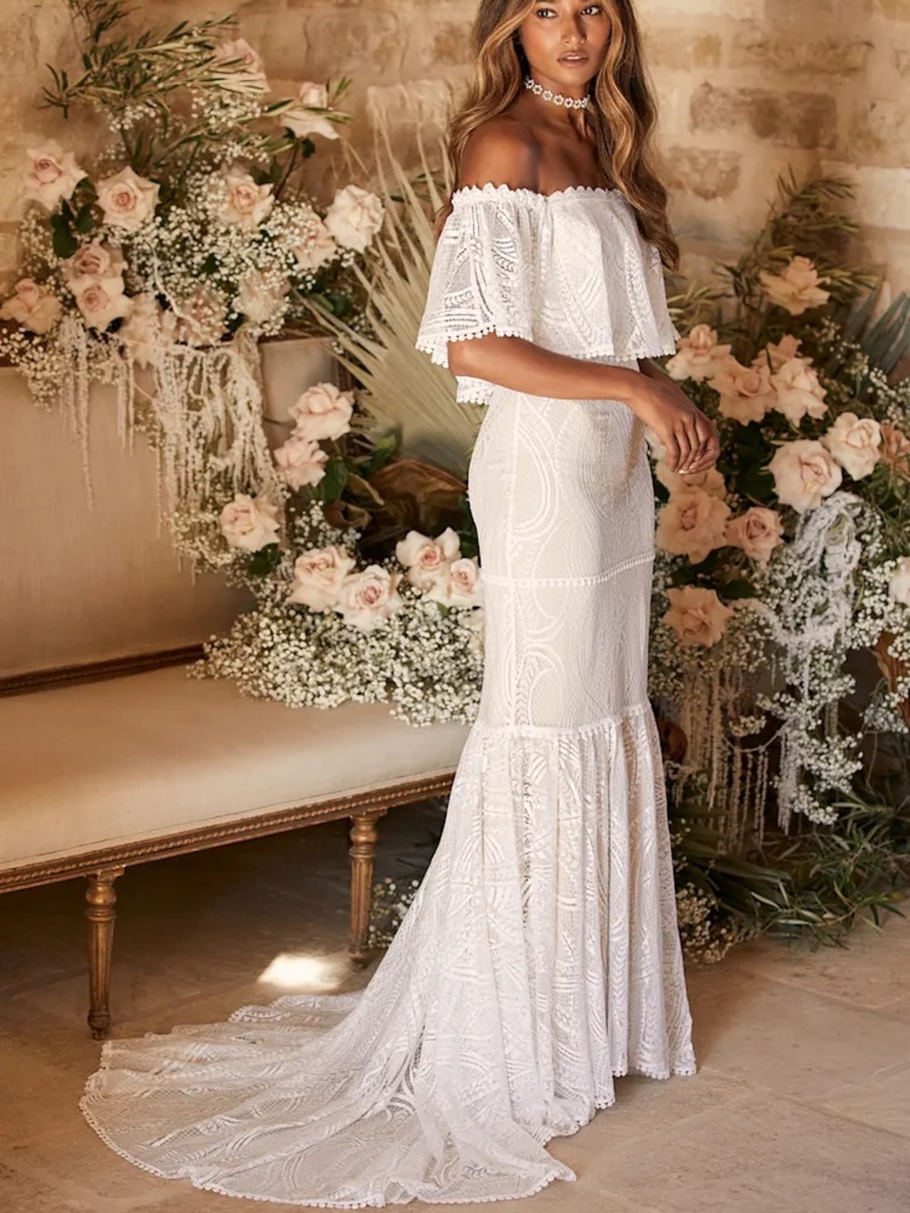 NEW Lulus In My Life White Lace Off-the-Shoulder Mermaid Maxi Dress Wedding Med